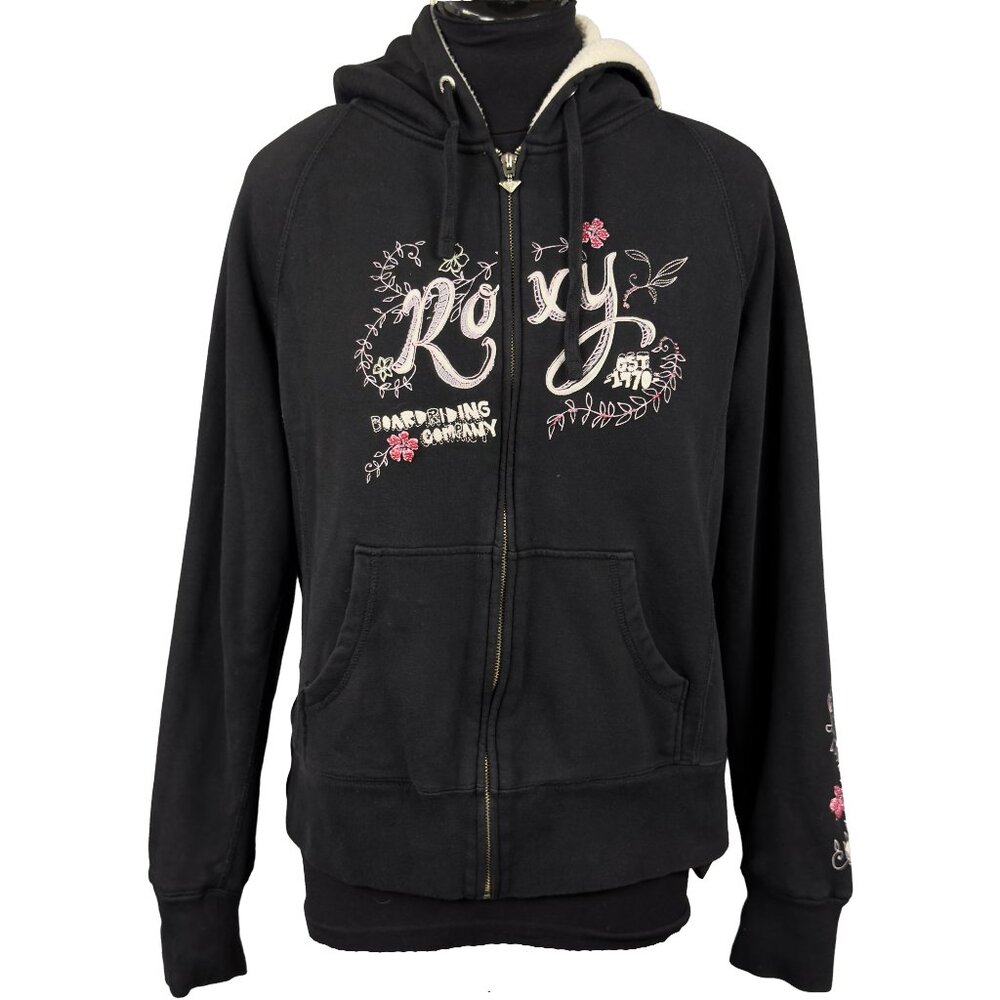 VTG Y2K ROXY Zip Hoodie Sherpa Lined Embroidered Beaded Floral Graphic Women XL